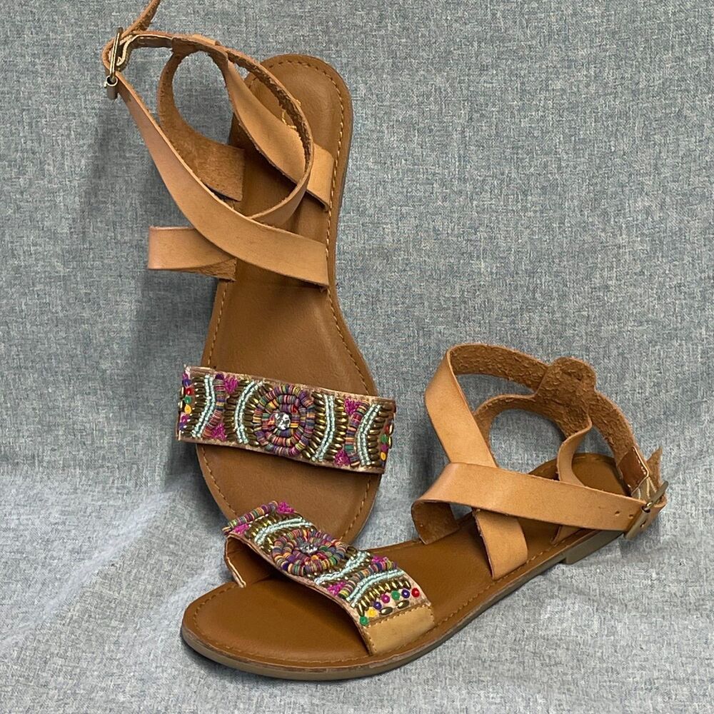 Sugar Trina Beaded Gladiator Sandals Womens 7.5M Tan Boho Ankle Strap